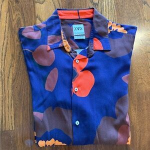 Zara Men's Vibrant Blue and Orange Shirt
